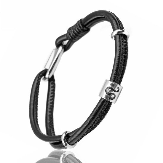 Leeuw / Leo - Sterrenbeeld Armband - Zwart Leer - Armbanden Heren Dames - Astrologie - Cadeau voor Man - Mannen Cadeautjes