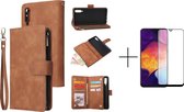 Luxe Telefoonhoesje voor Samsung Galaxy A50 | Hoogwaardig Leren Bookcase | Lederen Wallet Case | Luxe Uitstraling | Pasjeshouder 6 stuks | Portemonnee | Rits | Cognac Bruin + 1x sc