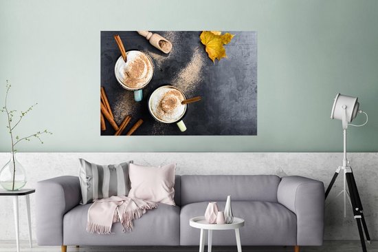 Une photo aérienne d'un café automnal servi avec un poster cannelle 180x120 cm - Tirage photo sur Poster (décoration murale salon / chambre) XXL / Groot format!