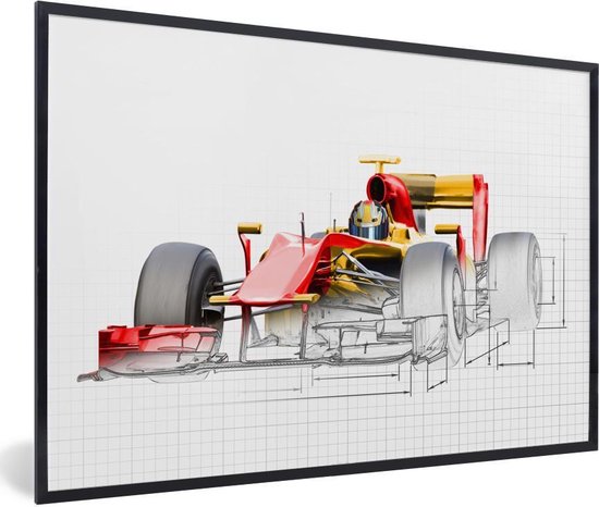 Fotolijst incl. Poster - Een rode raceauto uit de Formule 1 in een illustratie - 30x20 cm - Posterlijst