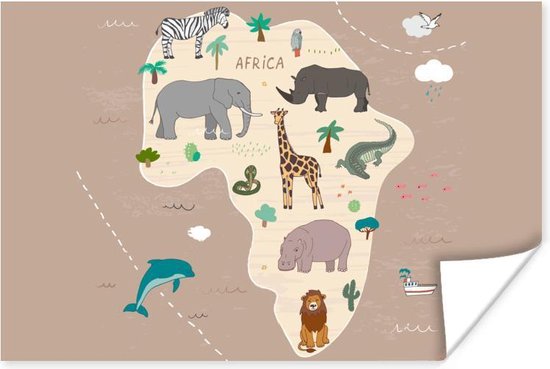 Carte brune de l' Afrique avec des animaux 90x60 cm