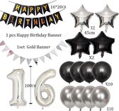 Thomline Verjaardag 16 Jaar | Feestversiering | Ballonnen, Slingers & Sterren |Zwart & Zilver