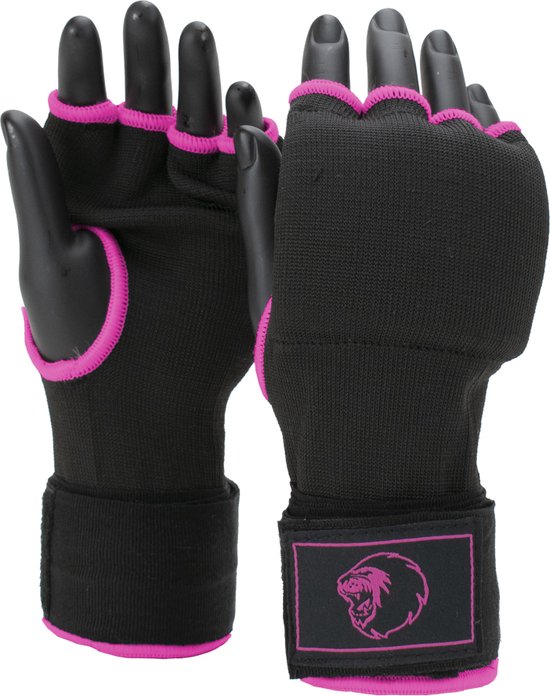 Zwarte binnenhandschoenen met roze randen en een gorillakop-logo.
