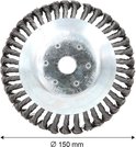 Ronde stalen onkruidborstel met een diameter van 150 mm en gevlochten staaldraad.