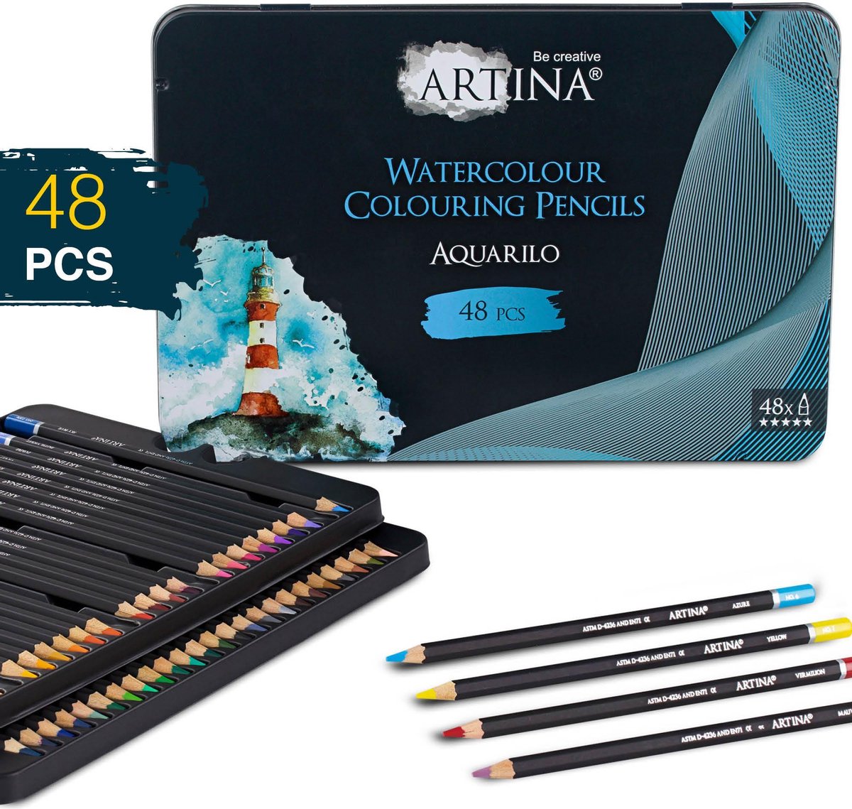 Artina Aquarilo aquarelpotloden set van 48 - kleurpotloden FSC gecertificeerde Potloden wateroplosbare houten stiften hoog gepigmenteerd