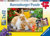Ravensburger puzzel Konijnen en cavia's Knuffeltijd - 2x12 stukjes - kinderpuzzel
