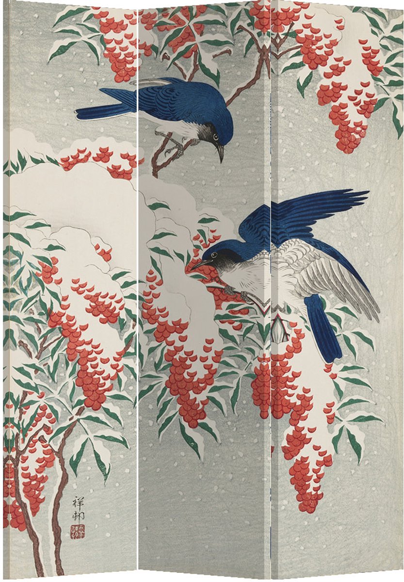 Fine Asianliving Kamerscherm Scheidingswand B120xH180cm 3 Panelen Japanese Blue Birds Berries Multicolour, Grijs