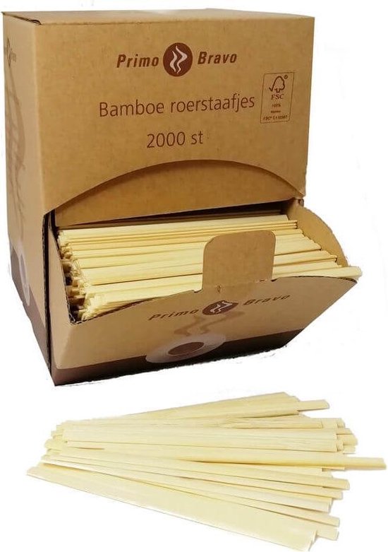 Foto: Primo bravo fsc bamboe roerstaafjes voor koffie hout dispenserdoos 2000 stuks 11cm