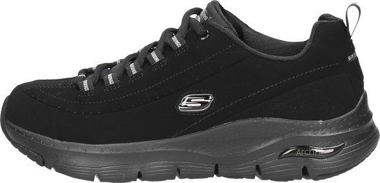 Zwarte Skechers Arch Fit damessneaker met 'Arch Fit' logo op de zool.