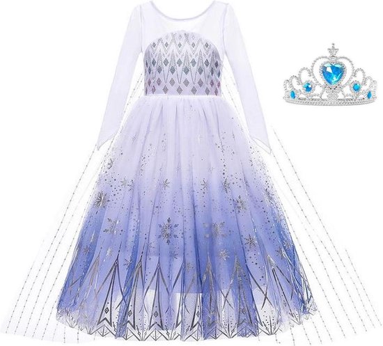 Elsa jurk IJskristallen wit blauw Deluxe 128-134 (140) - met sleep + kroon Prinsessen jurk verkleedkleding verkleedjurk