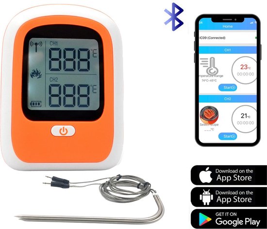 BBQ thermometer- Vlees thermometer - Keuken thermometer - Temperatuurmeter - Bluethooth met app - BBQ - Digitaal - Zomer - Oranje - Feest - Eten