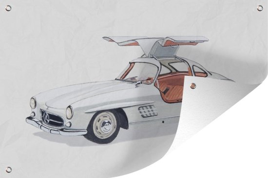Tuinposter Illustration van een vintage Mercedes Gullwing sportauto uit de jaren '50 - 70x40 cm - Wanddecoratie Buiten - Tuinposter - Tuindoek - Schuttingposter - Tuinschilderij