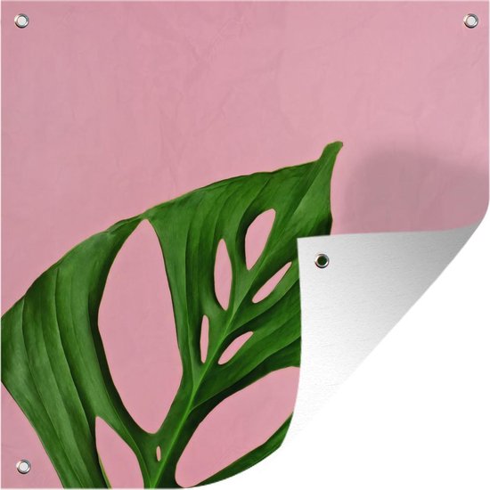 Tuinposters Botanisch blad op een roze achtergrond - 50x50 cm - Tuindoek - Buitenposter