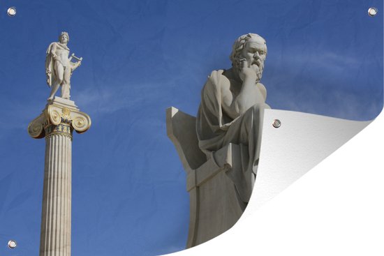 Tuinposter - Tuindoek - Tuinposters buiten - De standbeelden van Socrates en Apollo in Athene - 120x80 cm - Tuin