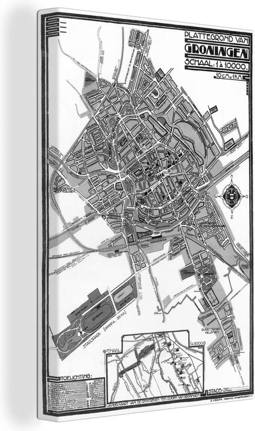 Zwart witte en historische plattegrond van Groningen Canvas 20x30 cm - klein - Foto print op Canvas schilderij (Wanddecoratie woonkamer / slaapkamer)