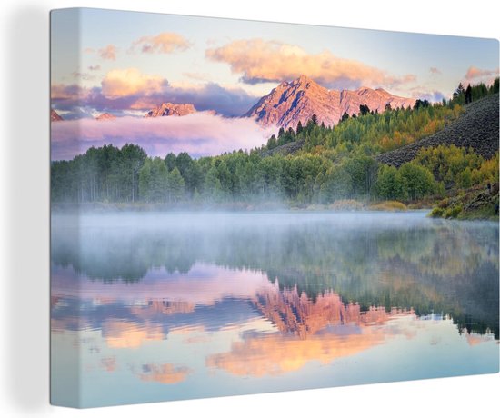 Canvas Schilderij Kleurrijke zonsopgang bij het Tetongebergte en de Snake rivier in Wyoming - 30x20 cm - Wanddecoratie