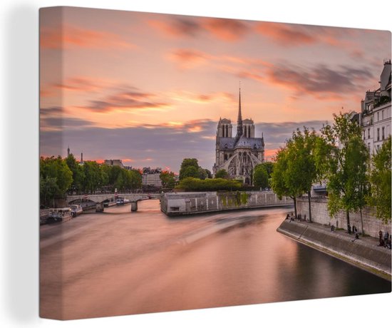 Canvas Schilderij Zonsondergang achter de Notre Dame in Parijs - 30x20 cm - Wanddecoratie