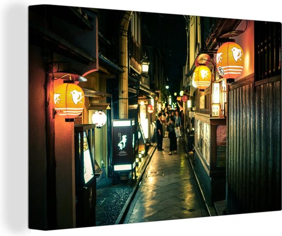 Canvas Schilderij De verlichte straten van Gion tijdens de nacht bij Kyoto Japan - 60x40 cm - Wanddecoratie