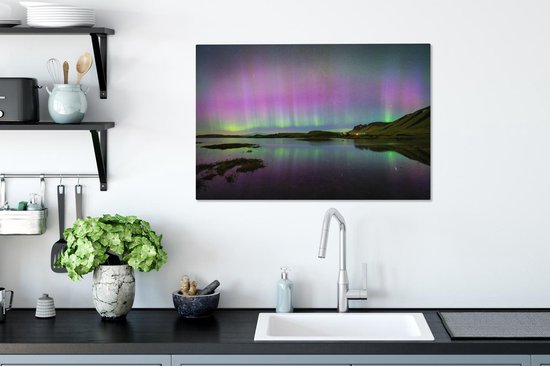 Canvas Schilderij Noorderlicht - IJsland - Paars - 90x60 cm - Wanddecoratie