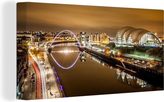 Canvas Schilderij De skyline van Newcastle-upon-Tyne bij nacht met de Tyne in het middelpunt - 80x40 cm - Wanddecoratie