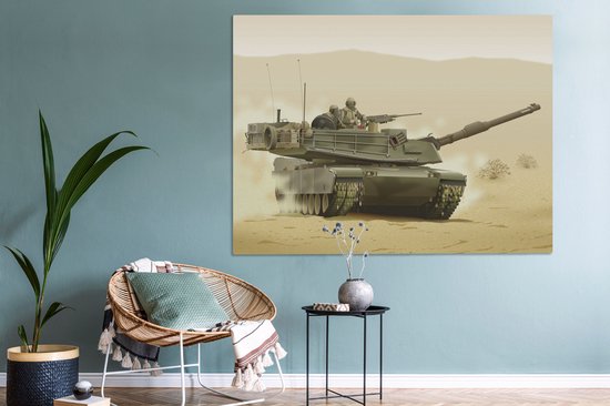 Une illustration d'un tank dans le désert sur toile 160x120 cm - Tirage photo sur toile (Décoration murale salon / chambre) XXL / Groot format!