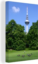 Canvas Schilderij De televisietoren van Mannheim tussen de groene bomen - 40x60 cm - Wanddecoratie