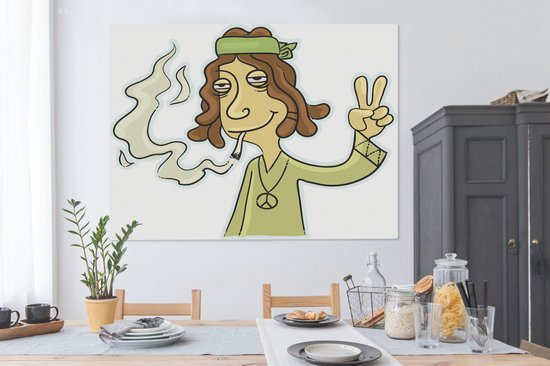 Une illustration d'un hippie qui souffle sur toile 160x120 cm - Tirage photo sur toile (Décoration murale salon / chambre) / Peintures Fleurs sur toile XXL / Groot format!