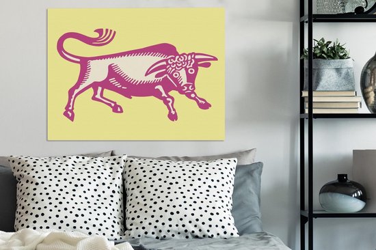 Une illustration d'une toile de taureau rose 80x60 cm - Tirage photo sur toile (Décoration murale salon / chambre) / Peintures sur toile Animaux de la ferme