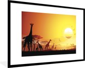 Tableau encadré - Une illustration du paysage africain avec des girafes Cadre photo noir avec passe-partout blanc xxl 120x80 cm - Affiche encadrée (Décoration murale salon / chambre)