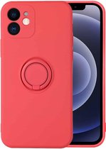 Effen kleur vloeibare siliconen schokbestendige volledige dekking beschermhoes met ringhouder voor iPhone 12 (camellia rood)