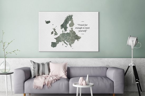 Carte de l'Europe à l'aquarelle grise avec la citation Voyagez assez loin pour vous retrouver 120x80 cm - Tirage photo sur toile (Décoration murale salon / chambre)