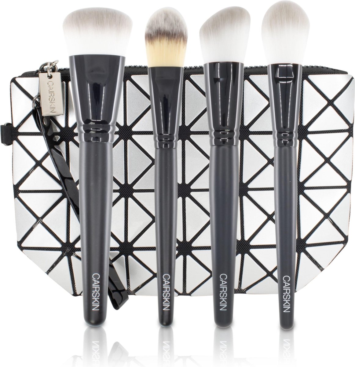 CAIRSKIN Professional Brush Set - 4 Pro Gloss Face Set for Shaping, Foundation, Blush and Angled Buffer Brush + Large Beauty Bag