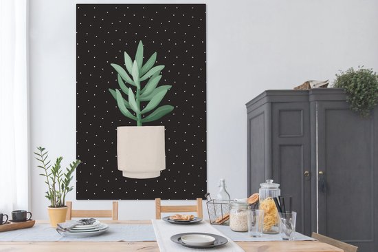 Illustration d'une succulente aux feuilles gris-vert sur fond noir à pois blancs 120x180 cm - Tirage photo sur Toile (Décoration murale salon / chambre) XXL / Groot format!