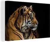 Canvas Schilderij Tijger - Dierenkop - Zwart - 60x40 cm - Wanddecoratie