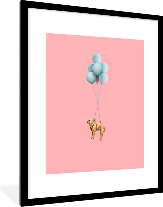Fotolijst incl. Poster - Chihuahua aan blauwe balonnen - 60x80 cm - Posterlijst