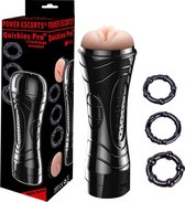 Power Escorts - Quickies Pro  - stevige vibrerende Masturbator - Extra Inclusief 3-pack beaded cockringen  - 7-speed vibrerend - 24 CM - Zwart - met beige sappige vagina - cadeauverpakking