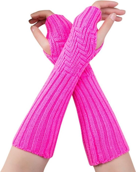 Winkrs - Lange Vingerloze Handschoenen Roze - Lange Gebreide Polswarmers - Fel roze Armwarmers - Acryl