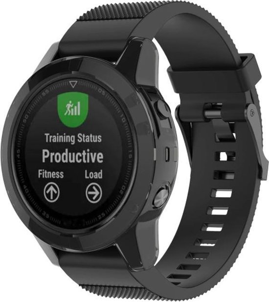 Zwart Garmin Fenix 5/5 Plus smartwatch met zwart bandje en display 'Training Status Productive'.
