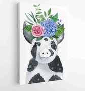 Pig with hydrangea flower wreath- watercolor illustration isolated on white background. Cute baby piglet character, front view - Moderne schilderijen - Vertical - 1780999889 - 80*6