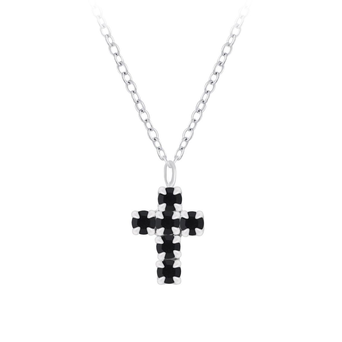 Joy|S - Zilveren ketting met kruisje hanger (5 x 7 mm) - kristal zwart