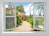 Tuindoek Doorkijk Openslaand Wit Venster - Italiaans Straatje - 90x65 Cm - Tuinposter - Tuin Decoratie - Tuinposters Buiten - Tuinschilderij