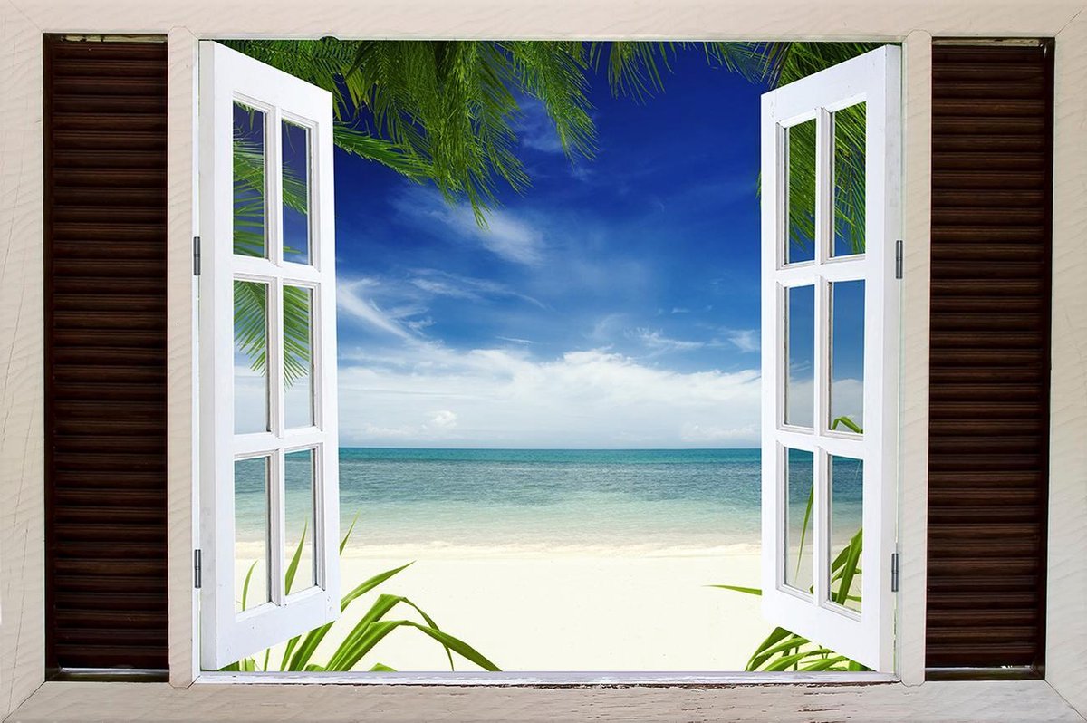 Tuindoek doorkijk door openslaand venster naar een Tropisch / Eiland / Strand - 150x100cm - tuinposter - tuinposter doorkijkje – Doorkijk tuinposter - tuinposter doorkijk XL – Tuinposter buiten met een zee, strand en palmbomen