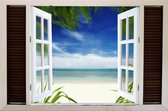 Tuindoek doorkijk door openslaand venster naar een Tropisch / Eiland / Strand - 150x100cm - tuinposter - tuinposter doorkijkje – Doorkijk tuinposter - tuinposter doorkijk XL – Tuin
