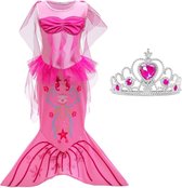 Zeemeermin jurk Prinsessen jurk fel roze met staart + kroon - Maat 116/122 (120) verkleedjurk verkleedkleding