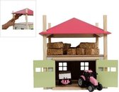 Kids Globe SET hooiberg-hout-met-berging-1:32-32x35x45-roze + Volvo V70 met caravan