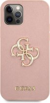 Roze hoesje van Guess - Backcover - iPhone 12 Pro Max - Saffiano - 4G - Hardcase TPU - Metal Logo