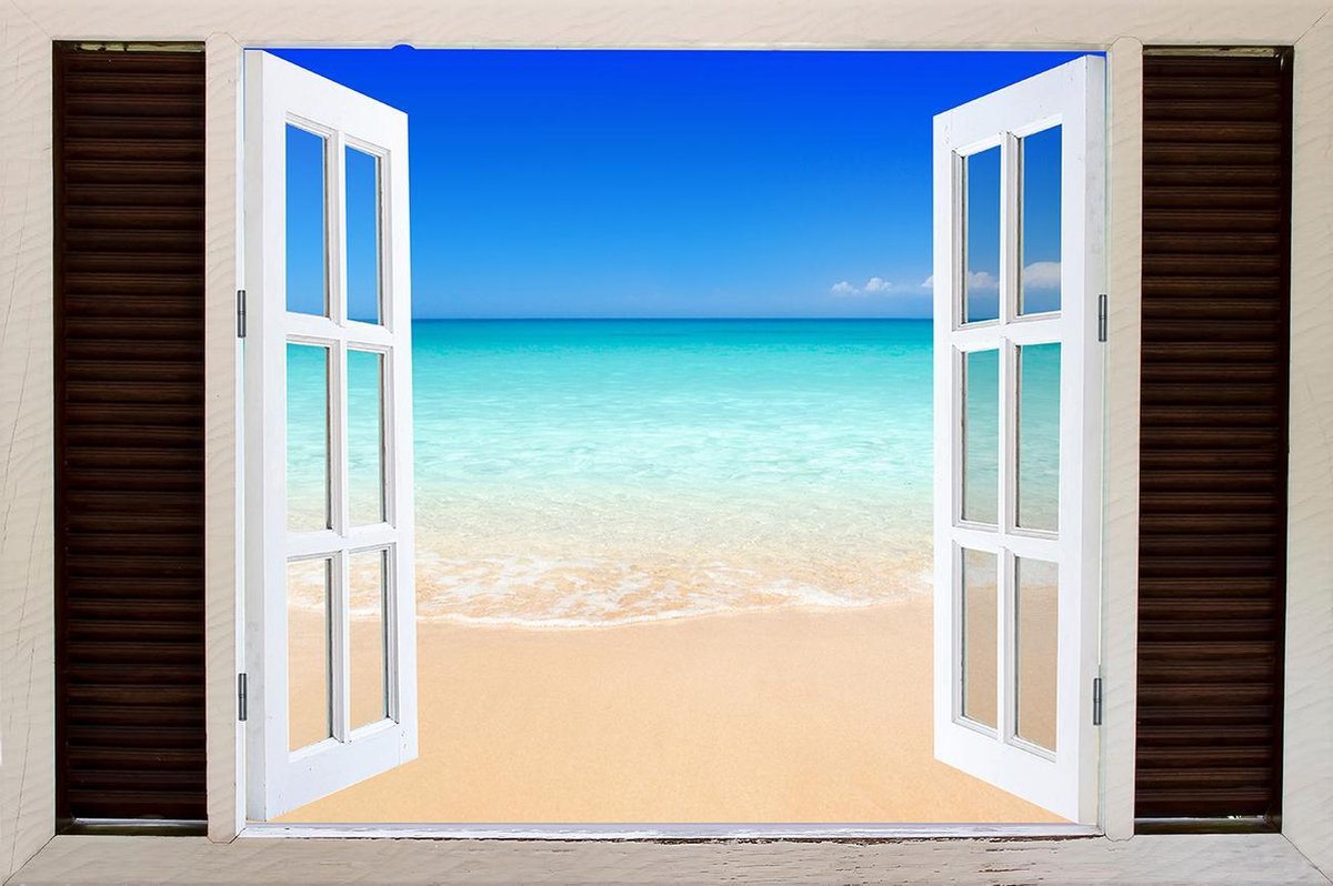 Tuindoek doorkijk openslaand venster naar een Tropisch / Eiland / Strand - 150x100cm - tuinposter - tuinposter doorkijkje – Doorkijk tuinposter - tuinposter doorkijk XL – Tuinposter Voor Buiten