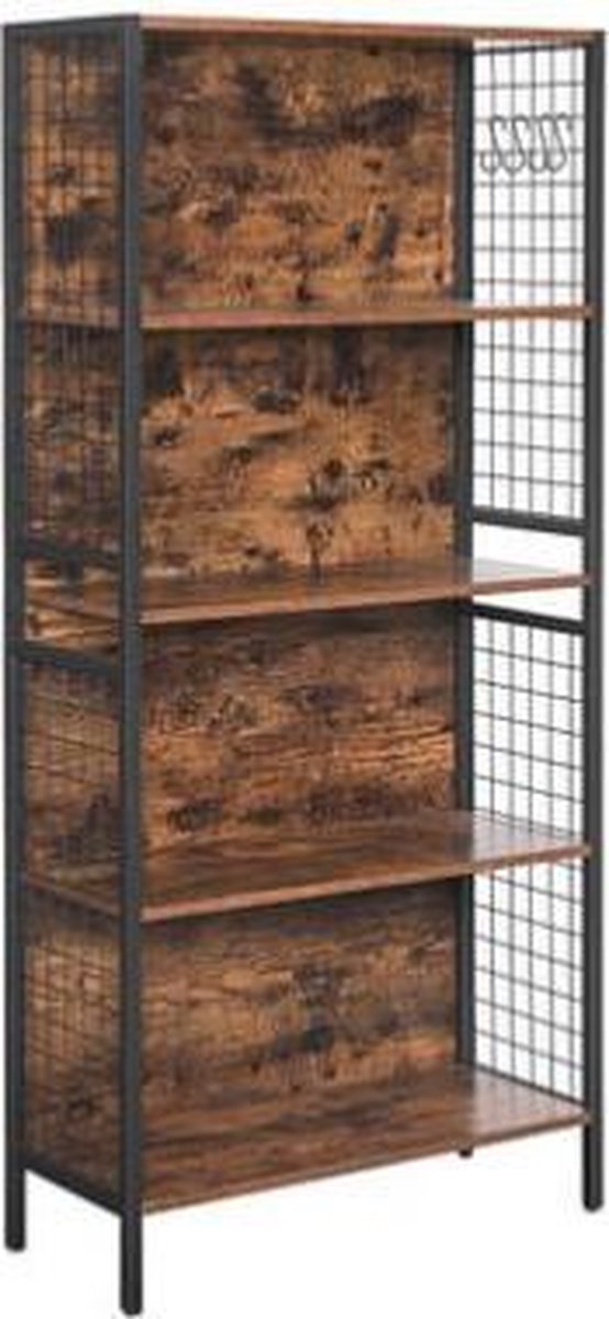 Segenn's Boekenplank - kantoorplank - keukenplank - staande plank met 4 planken - inclusief 4 S-haken voor kantoor - woonkamer - kantoor aan huis - stabiel stalen frame - industrieel design - Vintage bruin-zwart