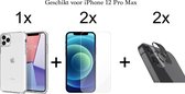 iPhone 12 Pro Max hoesje siliconen case transparant cover - 2x iPhone 12 Pro Max Screen Protector + 2x Camera Lens Screenprotector