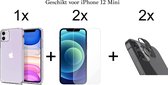 iPhone 12 Mini hoesje siliconen case transparant cover - 2x iPhone 12 Mini Screen Protector + 2x Camera Lens Screenprotector